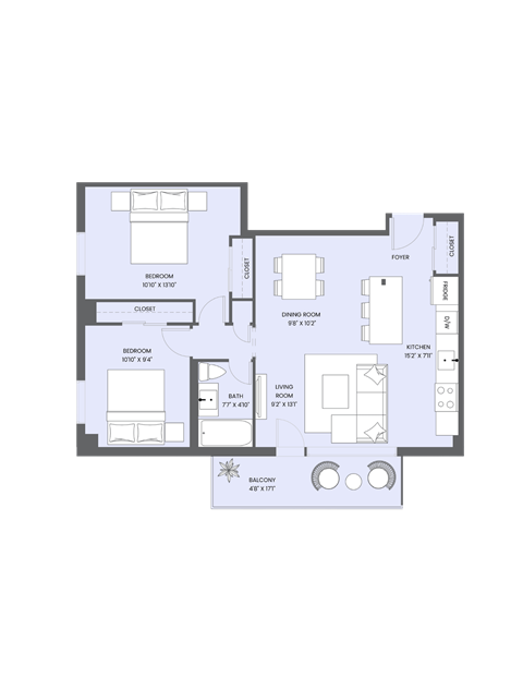 A floor plan of a house with a living room, two bedrooms, a bathroom, a den, a study, a garage, and a kitchen.